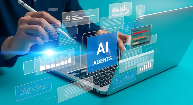 Businessman Interacting with AI Agents and Data Analytics on Laptop for Futuristic Business Solutions
