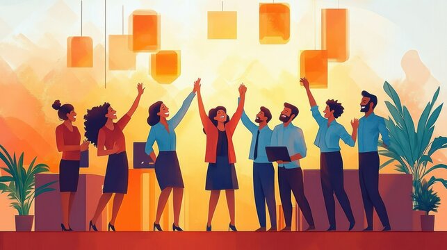 cheerful office team of men and women celebrating success with high fives and raised hands around a laptop under warm hanging lights and potted plants