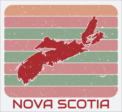 Nova Scotia, Canada vintage logo. Shape of the province on retro colored stripes background. Nova Scotia, Canada map design with grunge scratch texture. Vector illustration.
