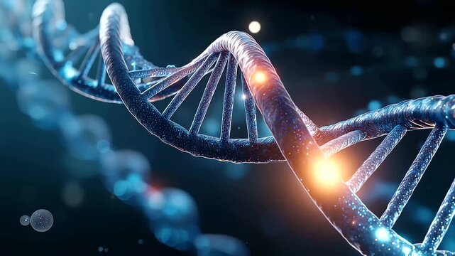 Extreme closeup of 3D rendering of DNA molecule structure rotating, microscope view, molecular visualization, genetic detail, with copy space