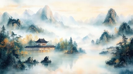 Fototapeta premium Serene misty mountain lake with traditional wooden pavilions, pine trees and rocky peaks reflected in calm water at sunrise