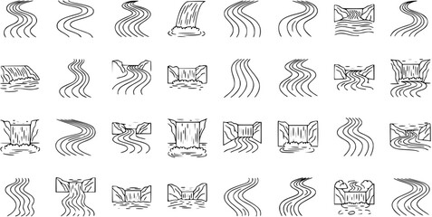 Naklejka premium River and Waterfall Line Art Icons Set. Simple Black and White Illustrations of Flowing Streams, Curvy Paths, and Cascades for Nature and Landscape Designs.