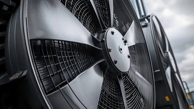 Close-up of a large industrial cooling fan with metal blades, hub bolts and grille against a cloudy sky, conveying a powerful mechanical mood