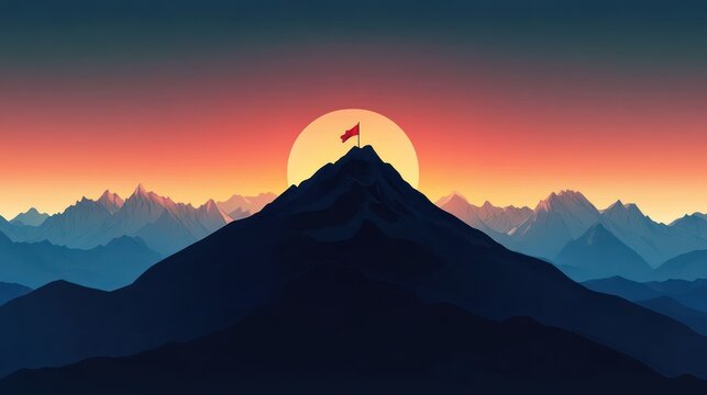 Silhouetted mountain peak with a red flag on the summit, layered distant ranges and a huge rising sun over a warm colorful dawn sky, serene and triumphant mood