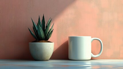 Fototapeta premium small potted succulent beside a white ceramic mug on a painted tabletop against a peach textured wall with soft sunlight and a calm minimalist mood