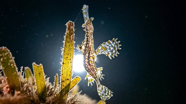 Macro shot of an Ornate Ghost Pipefish camouflaged in seagrass, backlit night dive scene