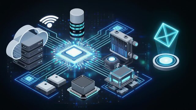 Futuristic digital network with cloud computing and advanced technology connections in blue neon style
