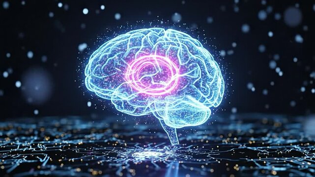 Neuromorphic Computing Architecture with Glowing Digital Brain on Circuit Board Background