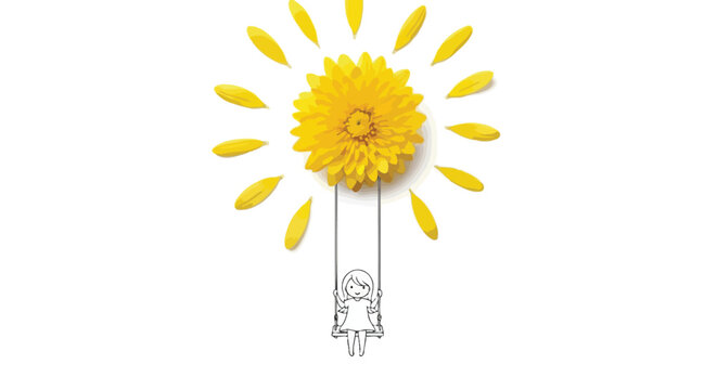 A whimsical illustration of a girl swinging from a sunflower blossom