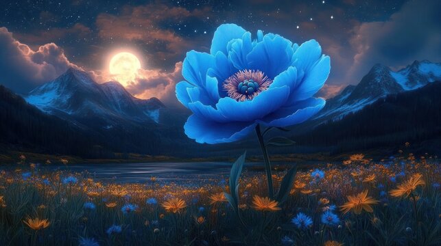 a giant electric blue flower towers over a moonlit meadow with orange and blue wildflowers, a calm lake, snowcapped mountains, and a starry night sky, evoking dreamlike serenity