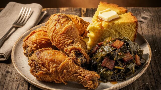 Southern comfort food plate with crispy fried chicken collard greens and buttered cornbread on rustic wooden table