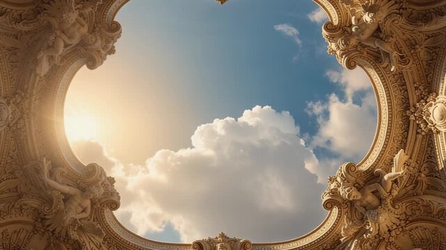 Ornate baroque ceiling with cherubs and detailed carvings framing blue sky and fluffy clouds with sunlight