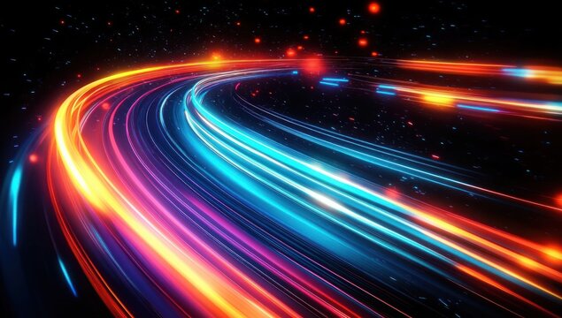Curving neon light trails in blue, orange and pink racing through a dark starry backdrop, glowing with dynamic futuristic speed and energy