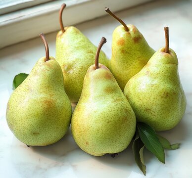 six fresh green pears with leaves on a marble windowsill in bright natural light, inviting wholesome still life