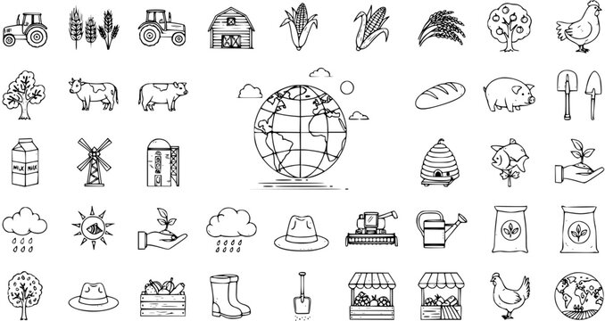 Doodle Hand-Drawn Agriculture and Farming Icons Set. Farm Animals, Crops, Tools, and Food Production Sketches for Rural Life Concepts.