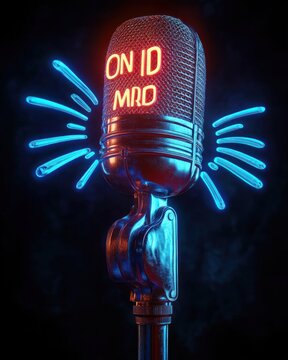 Vintage chrome microphone with glowing red letters reading 'ON ID MRD', surrounded by blue neon sound-wave accents against a moody dark background, energetic dramatic vibe