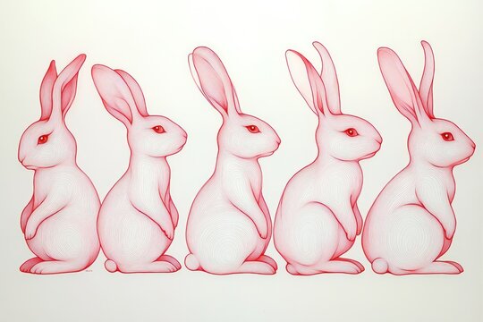 five seated red contour rabbits in a row on a white background, calm minimalist and whimsical illustration