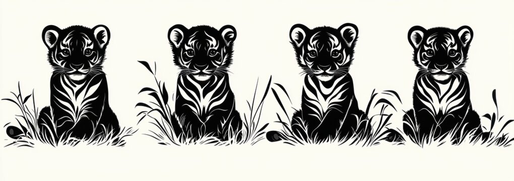 four tiger cubs sit in tall grass in a row, facing forward in bold black and white silhouettes, calm and curious