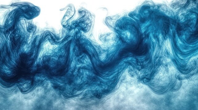 Ethereal blue ink-like smoke swirling across white space with wispy tendrils and flowing motion conveying calm mystery