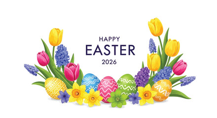 Colorful easter eggs and vibrant spring flowers with a 2026 greeting © Baby Collection