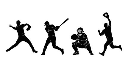Dynamic silhouette collection of baseball players in various game actions, including pitching, batting, catching, and fielding, ideal for sports design and graphic projects