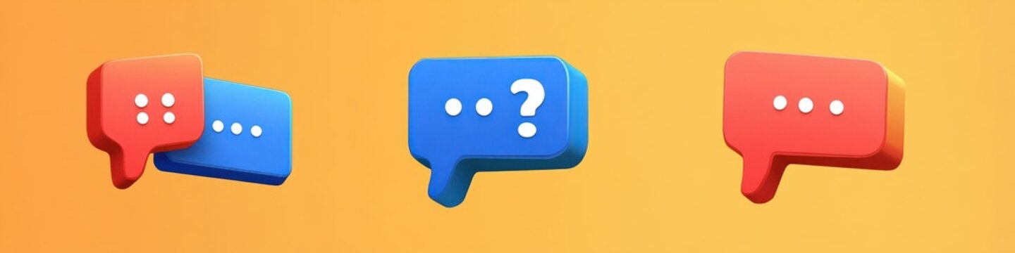 Three colorful 3D speech bubbles on warm orange background &mdash; left red and blue overlapping bubbles with ellipses, center blue bubble with question mark, right red bubble, playful curious mood