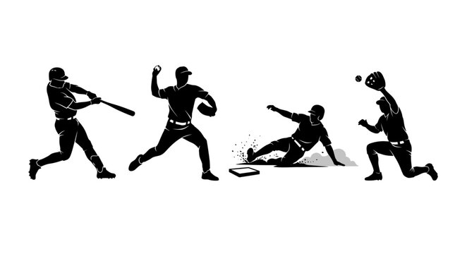 Collection of baseball players in action during a game, showcasing pitching, batting, sliding, and catching in silhouette