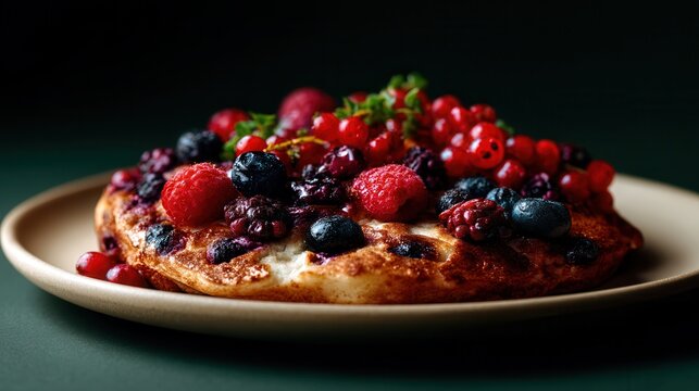 Bannock With Wild Berries on a Plate, Dark Green Backdrop