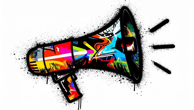 Vibrant megaphone with colorful graffiti design making a loud statement