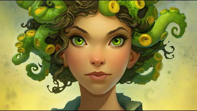 Fantasy portrait of a young woman with green eyes and octopus tentacles in her hair in digital art style