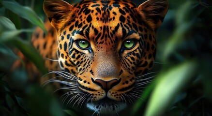 Fototapeta premium close-up portrait of a leopard peering through green jungle foliage with piercing green eyes, spotted orange fur, long whiskers and an intense, alert expression