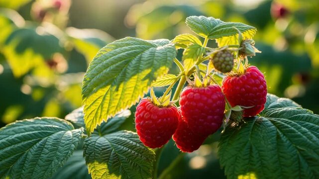 Close-up Of Ripe Raspberries On The Vine Sunlight Shining Through Leaves In Garden For Healthy Eating Freshness Nature