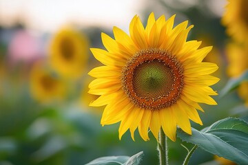 Obraz premium Close-up of a bright sunflower with yellow petals, spiraled seed head and green leaves against blurred sunflowers in a sunlit field, cheerful serene mood
