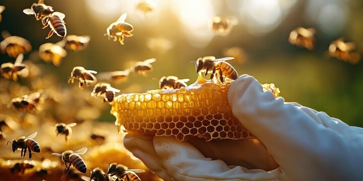 Gloved hands gently holding honeycomb as busy bees swarm and feed in warm golden sunlight, conveying calm wonder and careful care