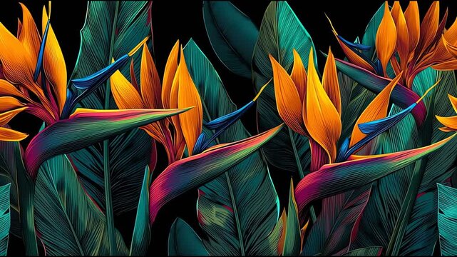 Vibrant tropical bird of paradise flowers with lush green leaves in colorful botanical garden