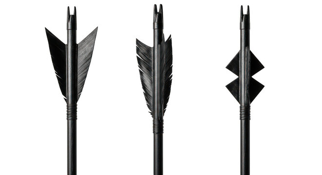 Three different types of arrows with unique tip designs on display isolated on transparent background