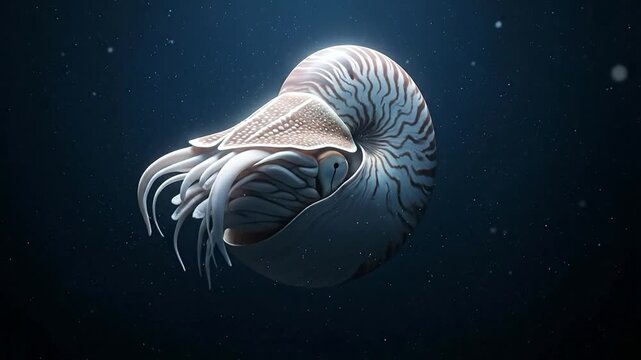 Majestic chambered nautilus swimming in deep blue ocean with Fibonacci spiral shell pattern