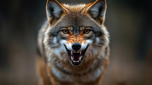snarling wild canine baring sharp teeth with intense amber eyes in a blurred forest background, fierce and aggressive expression
