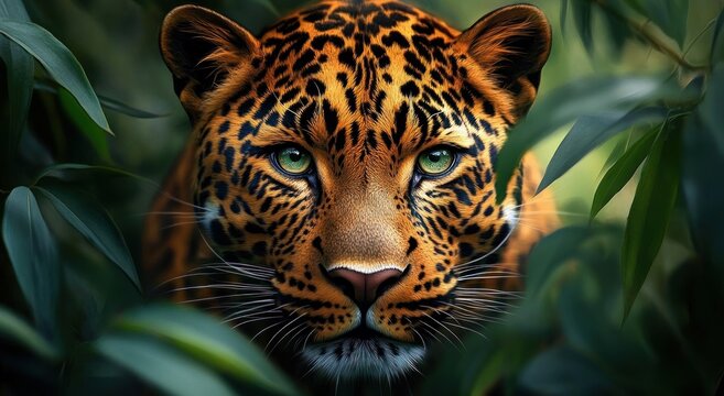 Leopard close-up with piercing green eyes peering through dense jungle foliage, intense and stealthy gaze
