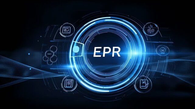 Digital futuristic interface with EPR concept and technology icons on blue glowing circular HUD design