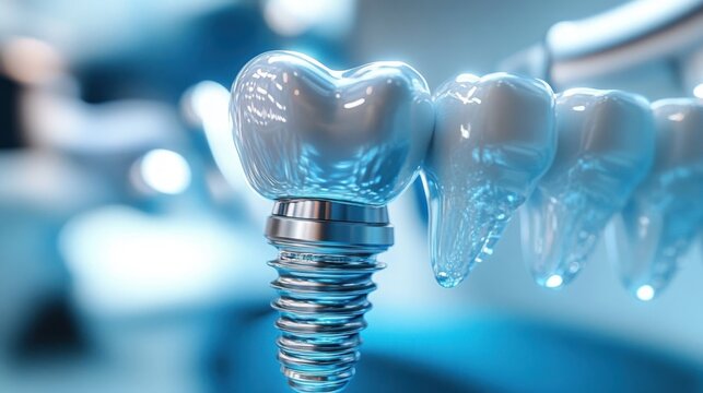 Close-up of a shiny dental implant screw with a ceramic crown seated next to natural teeth in a clean blue clinical setting conveying precision and reassurance