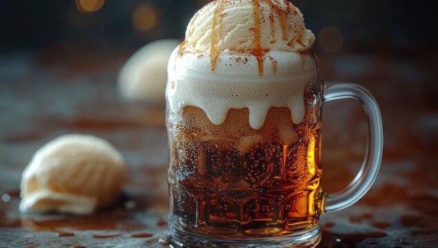 frosty amber soda in a glass mug topped with melting vanilla ice cream and caramel drizzle, creamy foam spilling over, evoking indulgent nostalgic comfort