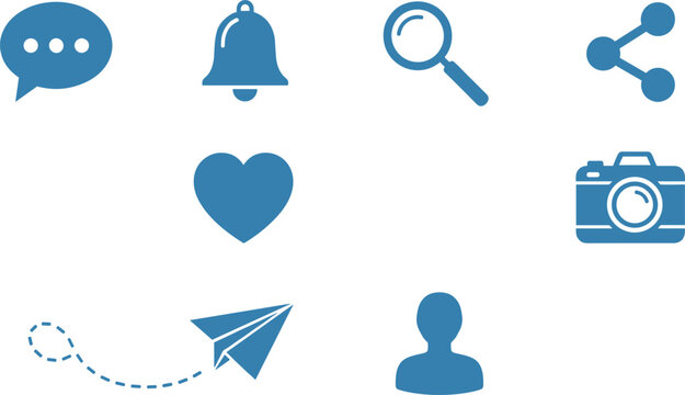 Social media and communication icons set with chat notification search share camera and user symbols for mobile apps and interfaces