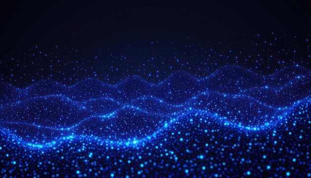 Glowing blue particle waves ripple across a dark background, creating a mysterious, futuristic digital landscape of shimmering points and flowing curves