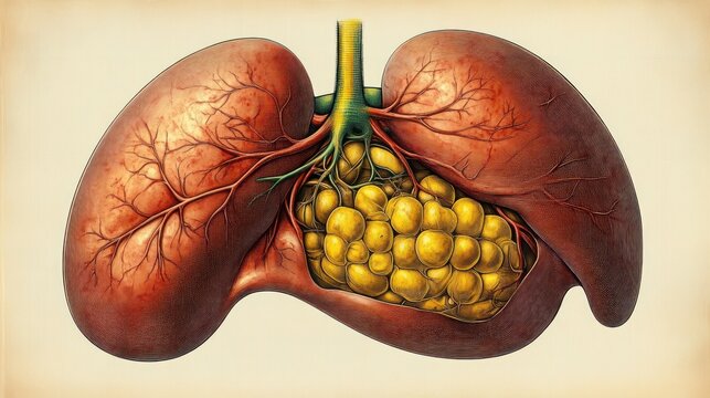 detailed anatomical illustration of two red lungs opened to reveal yellow clustered alveoli, bronchial tree, trachea and blood vessels with a clinical, curious and slightly unsettling mood