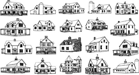 Naklejka premium Vintage Hand-Drawn Architectural Sketches: Classic American Houses, Farmhouses, and Barns. Black and white line art collection of diverse residential and agricultural buildings.