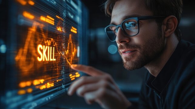 Focused professional touching glowing orange SKILL dashboard on a futuristic transparent touchscreen with data graphs and charts conveying concentration and determination