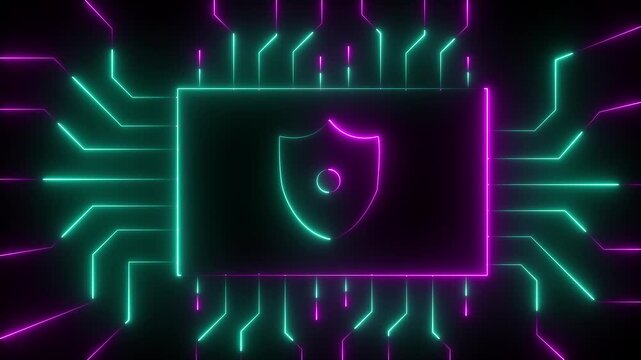 Cybersecurity, digital lock and motherboard for safety coding, programming or hardware processing. CPU, information technology and data cloud. animation of Digital circuit AI interface on backdrop