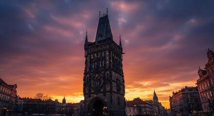 Fototapeta premium Powder Tower in Prague at Sunset - A Gothic Masterpiece.