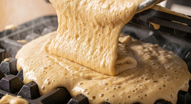 Pouring Waffle Batter onto a Hot Waffle Iron.